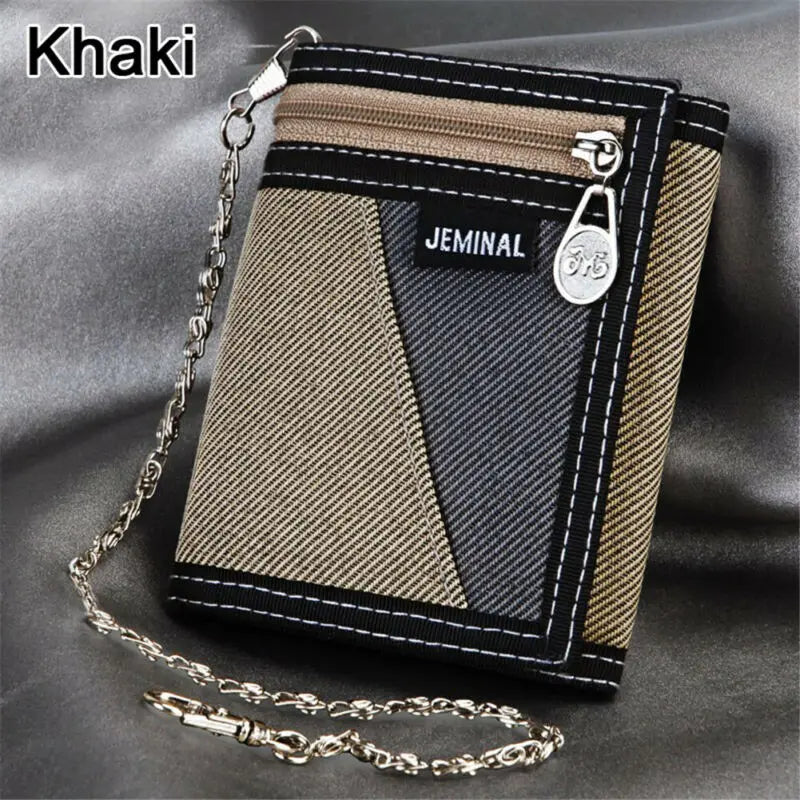 2020 New Fashion Men Boys Girls Plain Canvas Tri-Fold Wallet Card Cash Wallet with Chain