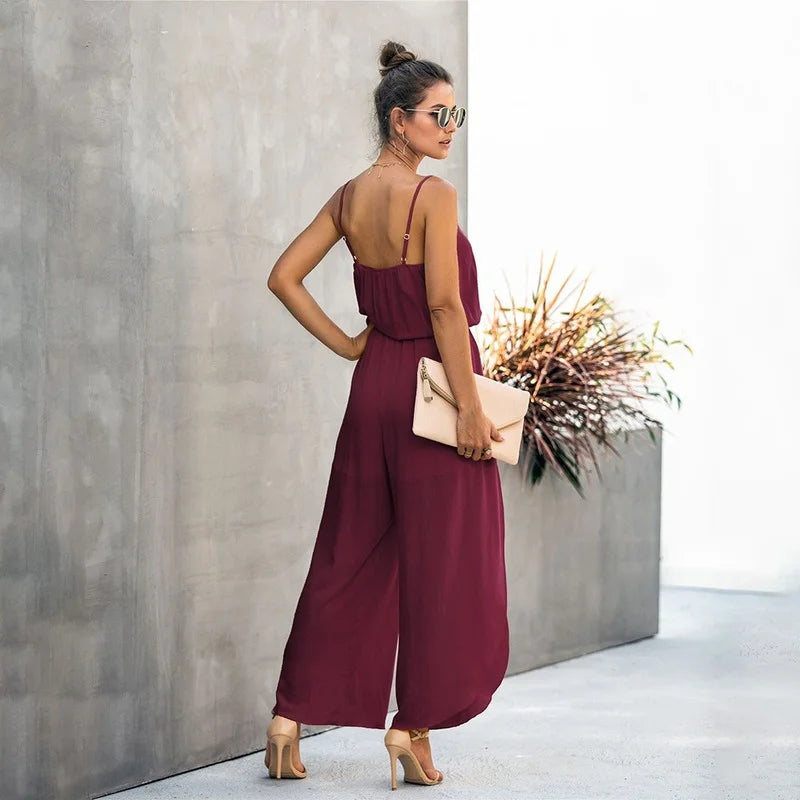 Summer Sexy Backless Wide Leg Jumpsuit Women Bandage Side Split Hem Rompers  Women's Clothing 2023 Combinaison Femme Overalls