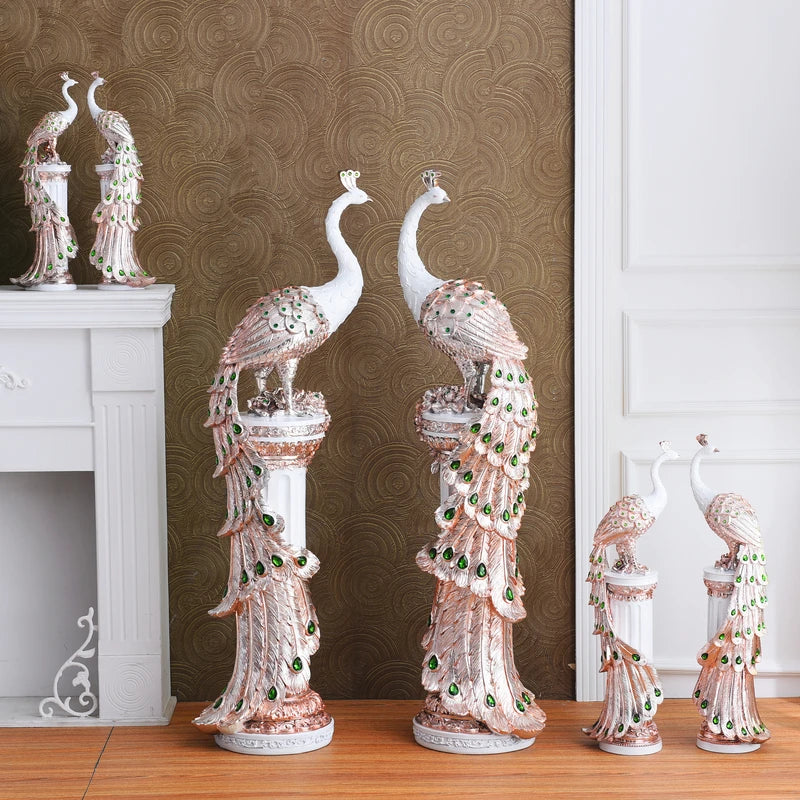 European Luxury Resin Peacock+Pillar Ornaments Crafts Home Livingroom Table Figurines Decoration Hotel Office Desktop Sculptures