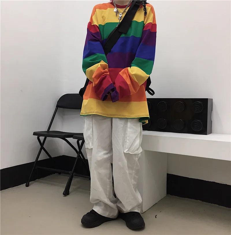 Women's Clothing Long-Sleeved T-Shirt Autumn New 4XL Korean Version Of Rainbow Stripes Loose Casual Oversized Street Hip-Hop Top