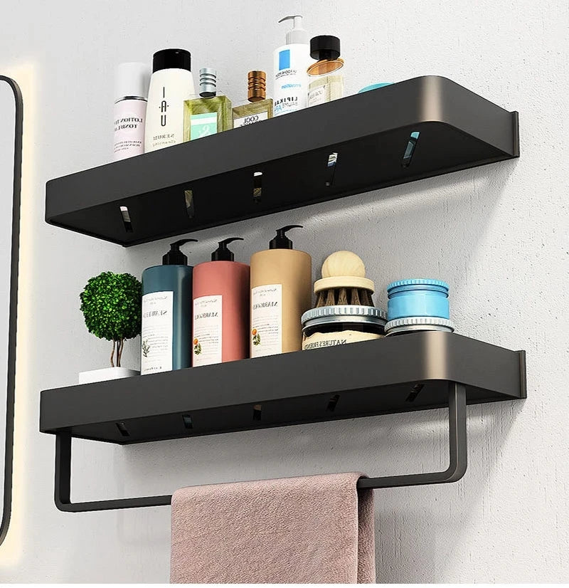 No Drill Black Bathroom Shelf with Towel Bar Wall Shelf Shower Holder Storage Rack  Robe Hooks Bathroom Accessories