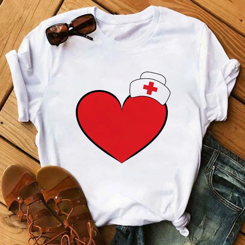 Summer Female T-shirt Nurse Print T-shirt Casual Graphic T-shirt Women's Harajuku Retro Top T-shirt Women's Clothing