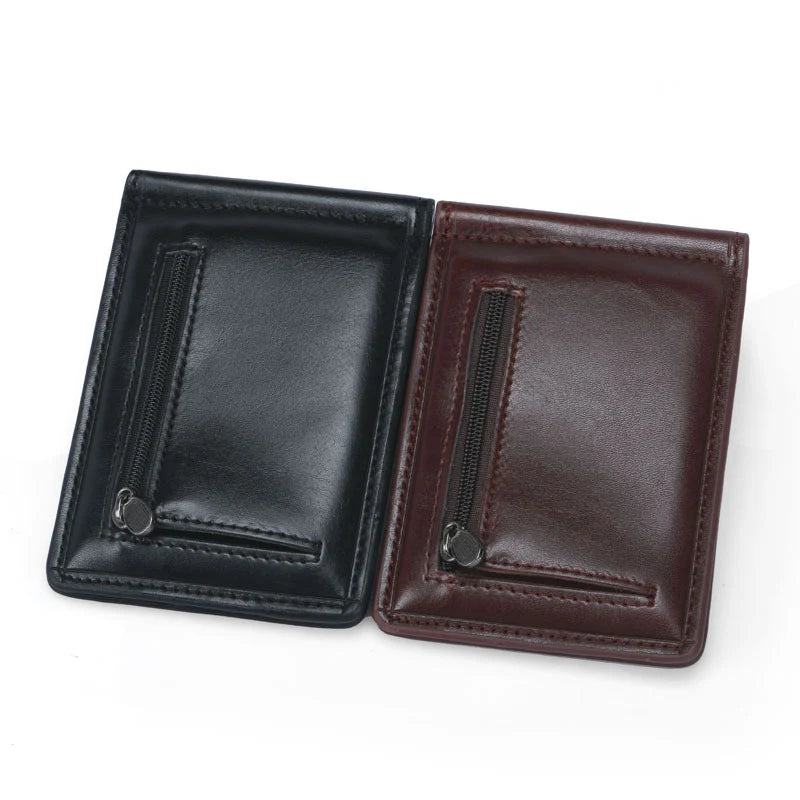 New Mini Men's Leather Money Clip Wallet With Coin Pocket Thin Purse For Man Magnet Hasp Small Zipper Money Bag