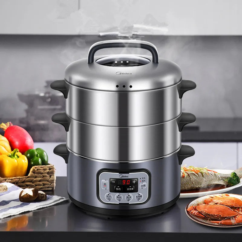 Midea Electric Steamer 3-layer High Capacity Multi-function Appointment Timing Stainless Steel Steam Cooker Food Steamer Pot