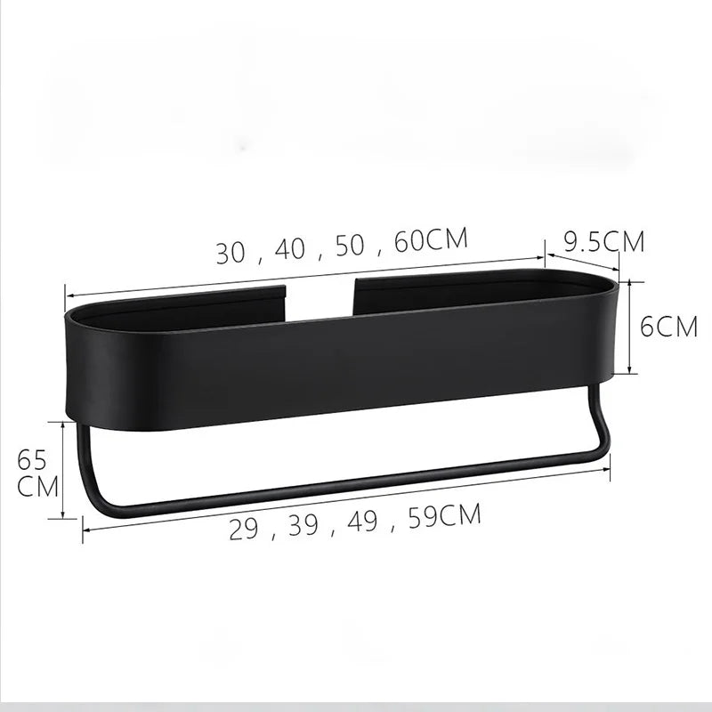 Black Bathroom Shelf No Drill 30/40/50 cm Wall Shelves Shower Basket Storage Rack Towel Bar Bathroom Accessories