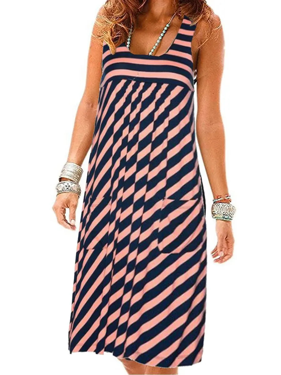 Fashion striped dress  summer dress  loose simple sleeveless dress women's clothing