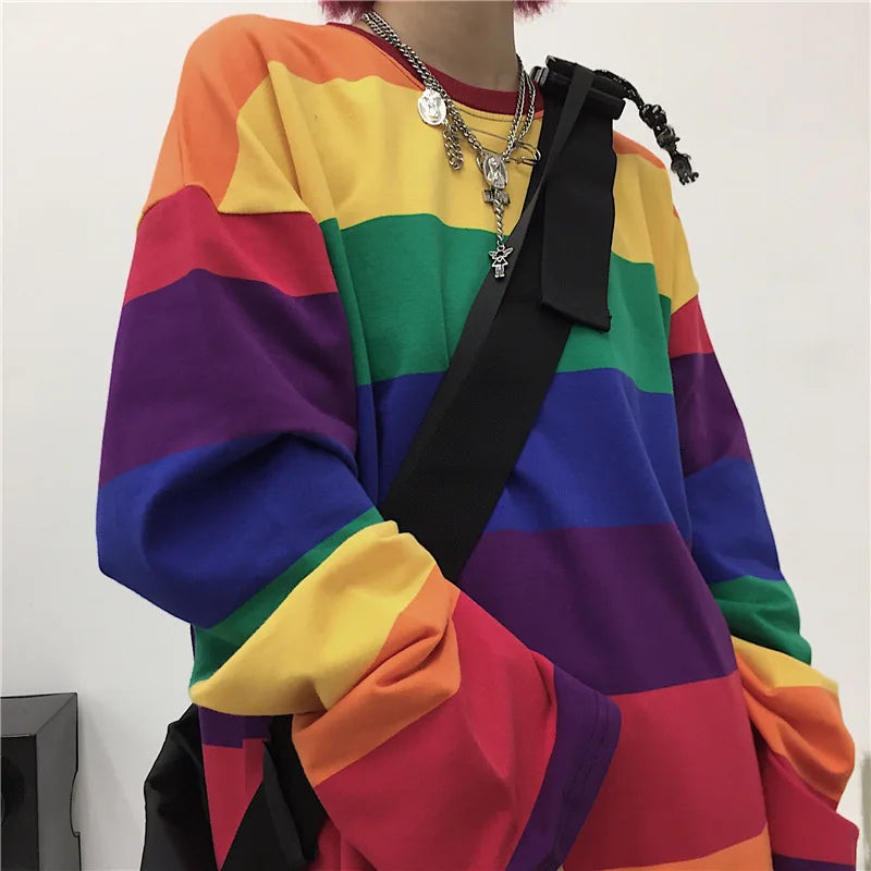 Women's Clothing Long-Sleeved T-Shirt Autumn New 4XL Korean Version Of Rainbow Stripes Loose Casual Oversized Street Hip-Hop Top