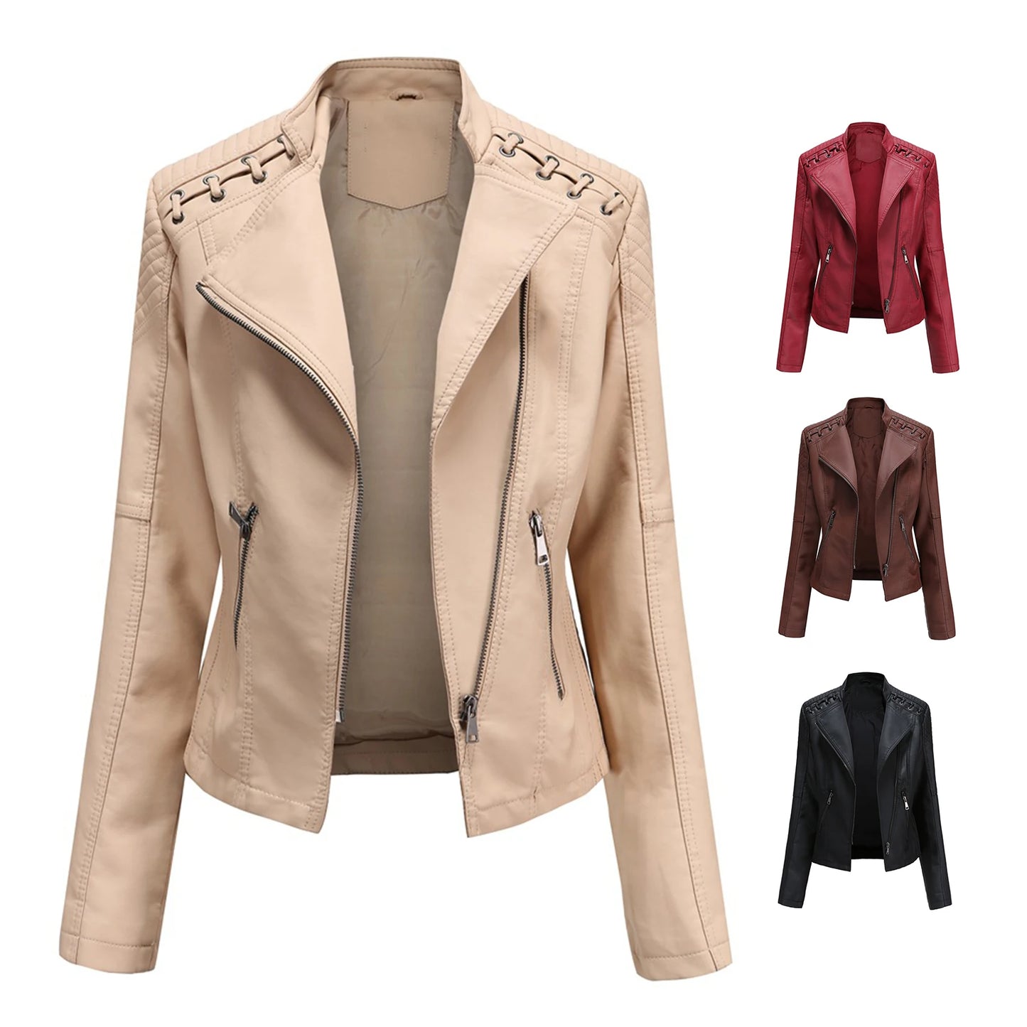 2022 Jackets for Women Autumn Winter Faux Leather Jacket Zipper Stand Collar Motorcycle Slim Coat Women's Clothing Korean Style