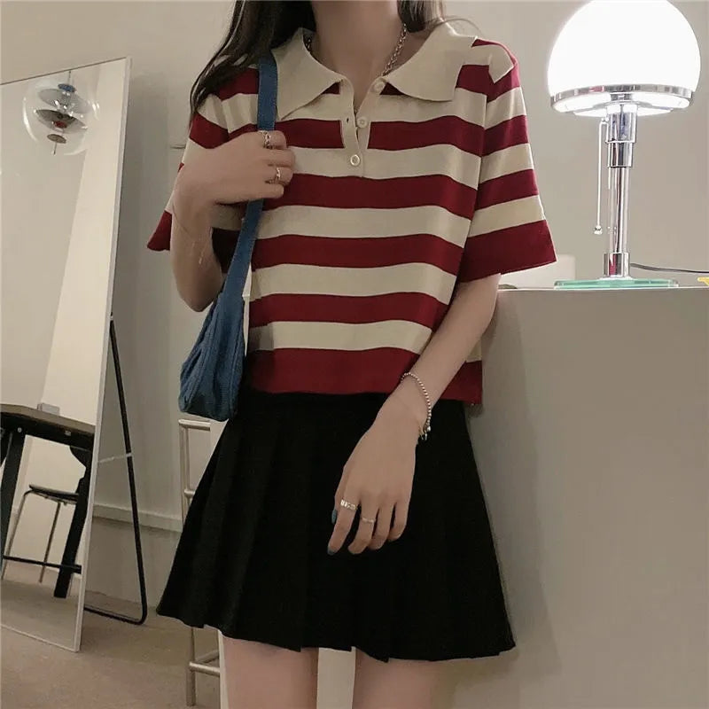 Women's Clothing Summer 2023 Polo Striped Short Sleeve T-shirts Crop Top Female Casual Tee Shirt Ladies Vintage Korean Fashion