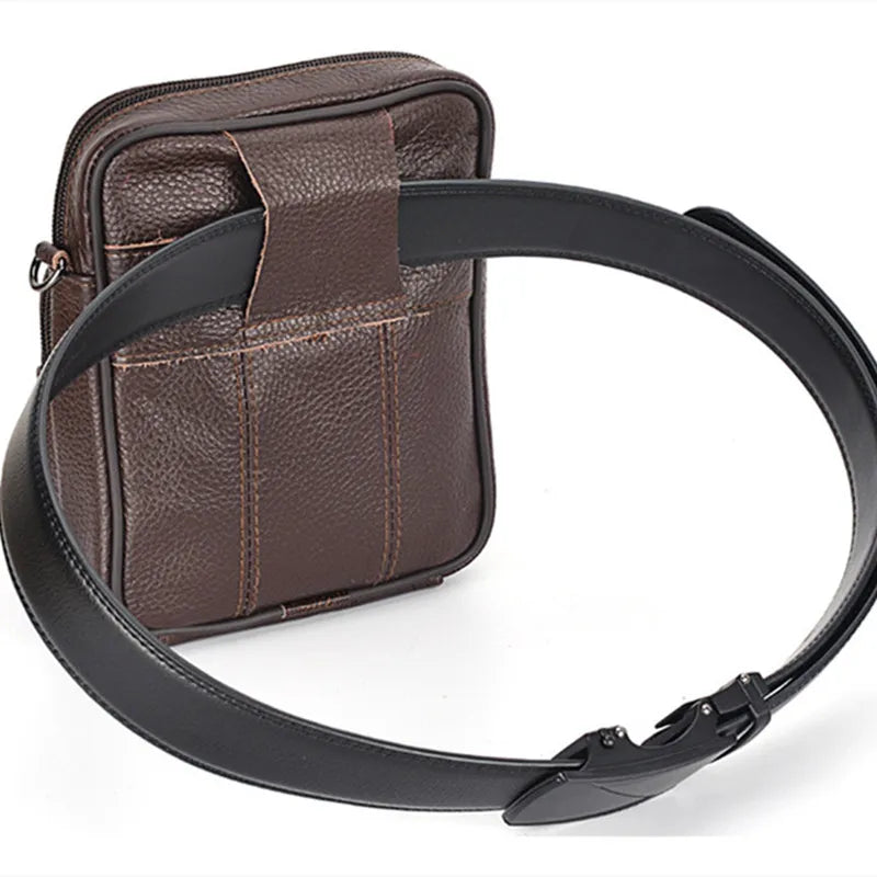 Men's Leather Shoulder Waist Bag Multi-function Mobile Phone Bag Head Layer Cowhide Body Bag Male Chest Bag Shoulder Bag