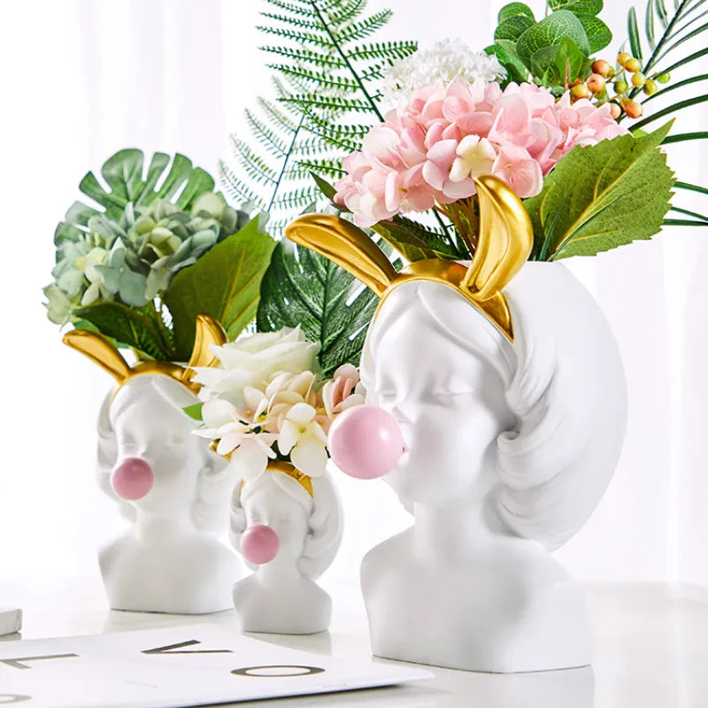 White Resin Vase Flower Pot Nordic Style Cute Human Head Flower Vases Basket Pen Brushes Holder Home Decoration