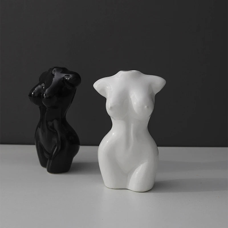 Cute Small White Black Gold Silver Bust Vases Female Body Art Vase Glazed Ceramic Decorative Figurines Home Decor Creative Gifts