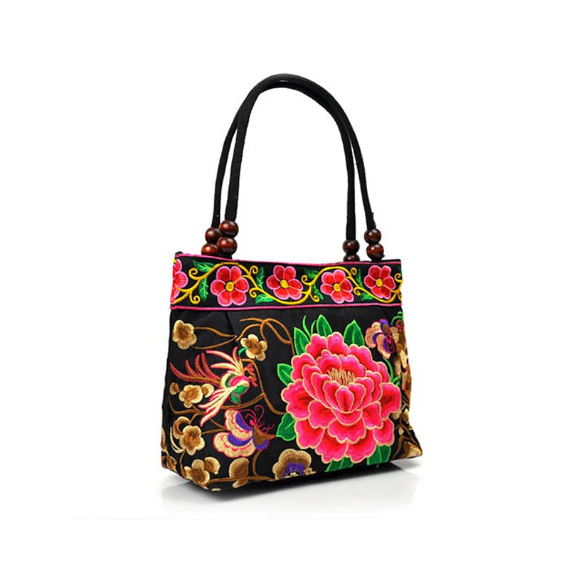 Women Shoulder Bags Embroidery Ethnic Style Pretty Flower Bohemia Retro Canvas Large Capacity Shopper Handbag for Teenage Girl