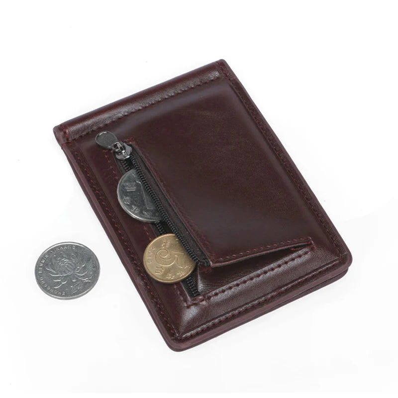 New Mini Men's Leather Money Clip Wallet With Coin Pocket Thin Purse For Man Magnet Hasp Small Zipper Money Bag