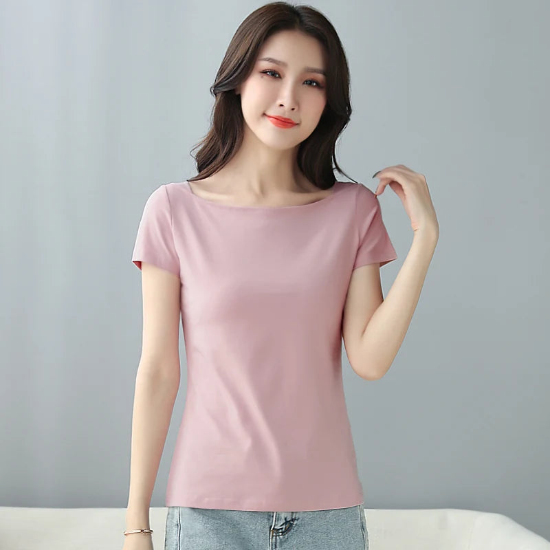 Women Sweetshirts Slash Neck T-shirt for womens Short Sleeve Summer Women's clothing Cotton kawaii clothes