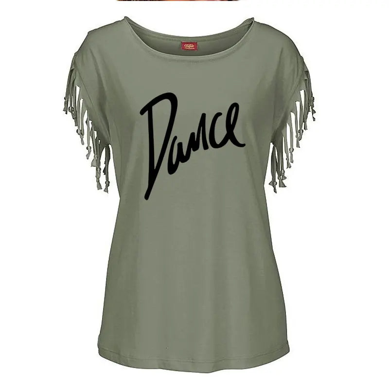 New Summer Casual Letter Dance Women Cotton Tassel Casual T-shirt Loose Tees Short Sleeve O-neck Women's Clothing t shirt