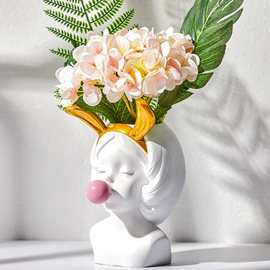 White Resin Vase Flower Pot Nordic Style Cute Human Head Flower Vases Basket Pen Brushes Holder Home Decoration