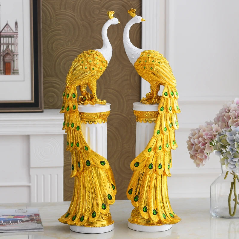 European Luxury Resin Peacock+Pillar Ornaments Crafts Home Livingroom Table Figurines Decoration Hotel Office Desktop Sculptures