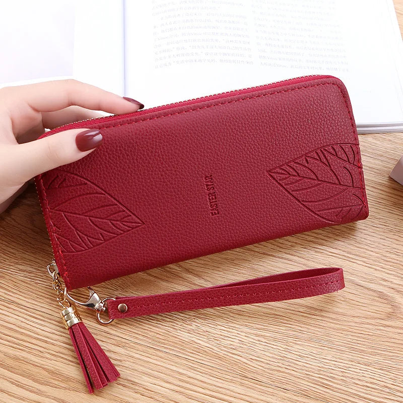 Womens Wallets and Purses PU Leather Wallet Female Wristband Leaf Print Long Women Purse Large Capacity Phone Bag Women Wallet