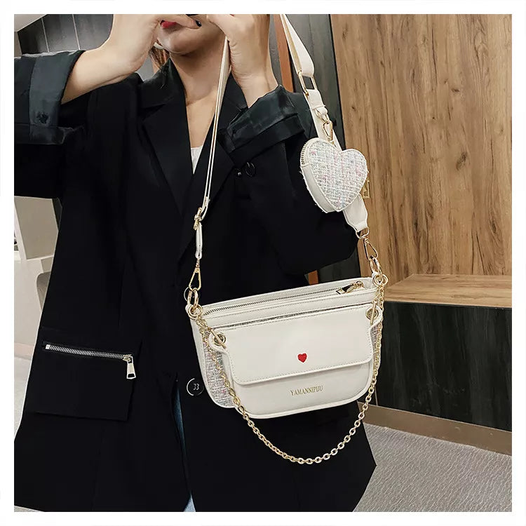 Luxury Heart Bag 2 Pcs/set Women Shoulder Bags Casual Solid Color Women Bag 2020 Chain Wide Strap Crossbody Messenger Bags Purse