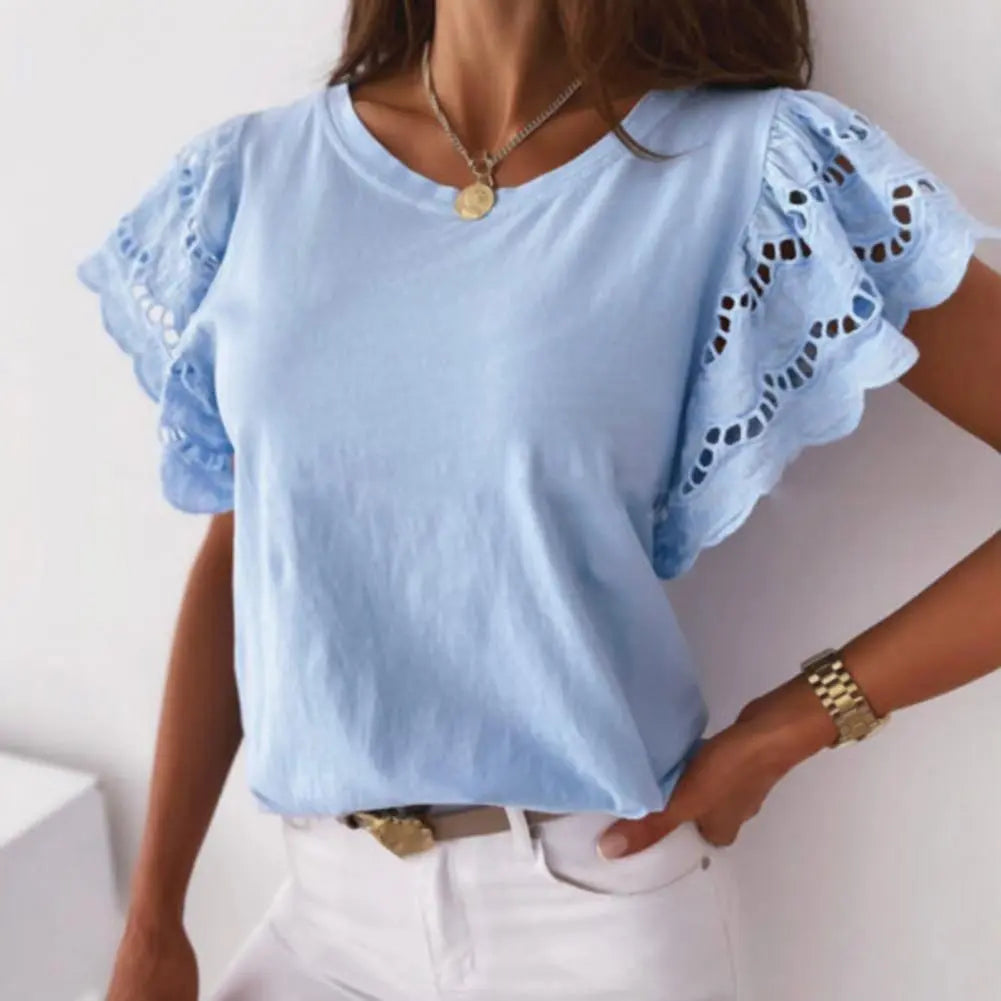 Summer Women Hollow Out Stitching T-Shirt Casual O-Neck Ruffle Short Sleeve Top Elegant White Black 2022 Women's Clothing Hot