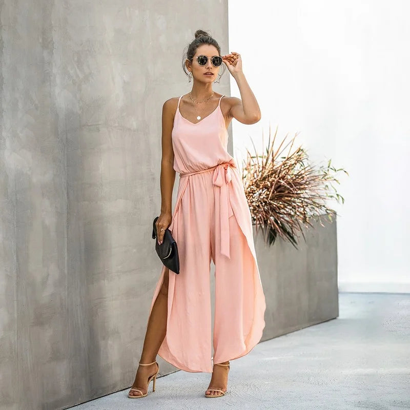 Summer Sexy Backless Wide Leg Jumpsuit Women Bandage Side Split Hem Rompers  Women's Clothing 2023 Combinaison Femme Overalls