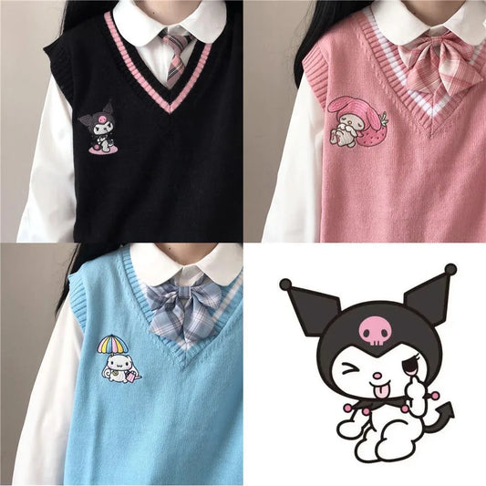 Kawaii Kuromi Cinnamoroll My Melody Sanrioes Wool Sweater V-Neck Waistcoat Vest Cute Women's Clothing Spring and Autumn New