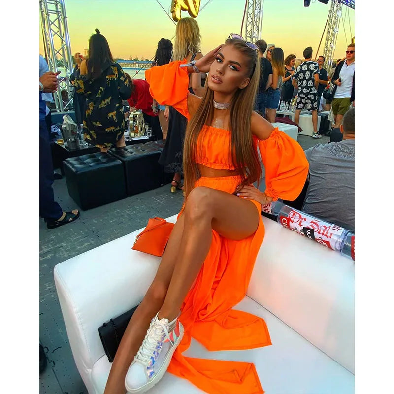 Women's Clothing Set Off Shoulder Long Sleeve Crop Tops and Cover Up Skirt Two-piece Suit for Travelling Beach Vacation