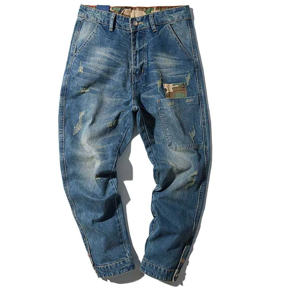 Trendy Harem Jeans Man Camouflage Patch Pocket Denim Pants Loose Baggy Cargo Pants Joggers Trousers Hip Hop Jeans  Men Clothing