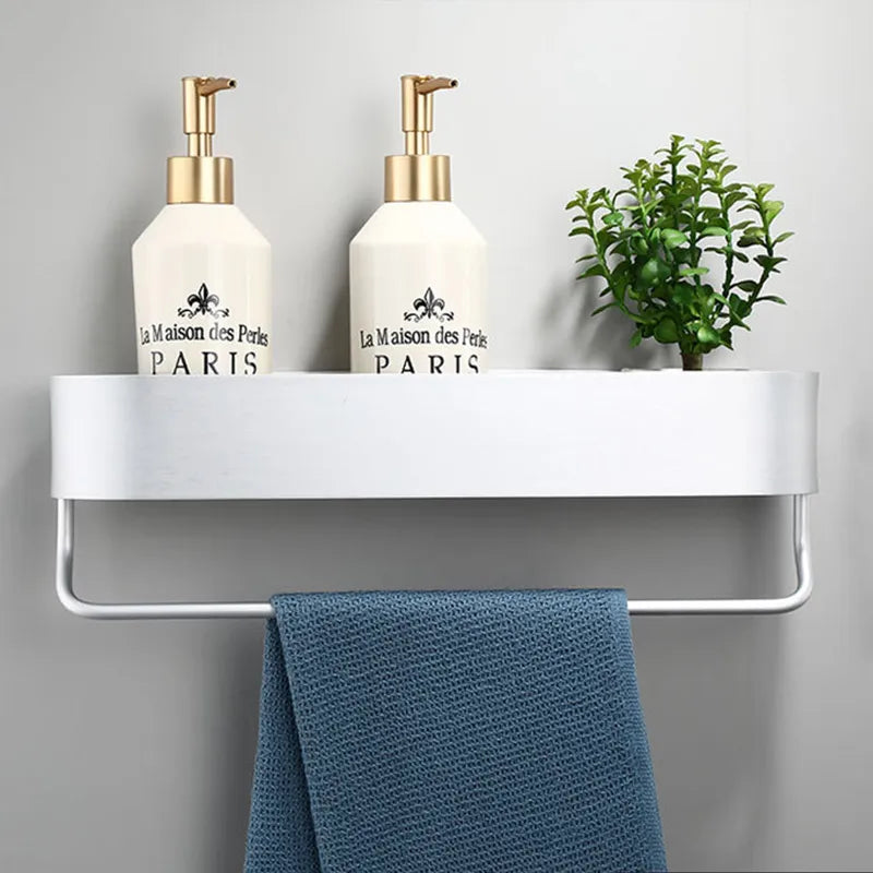 Black Bathroom Shelf No Drill 30/40/50 cm Wall Shelves Shower Basket Storage Rack Towel Bar Bathroom Accessories