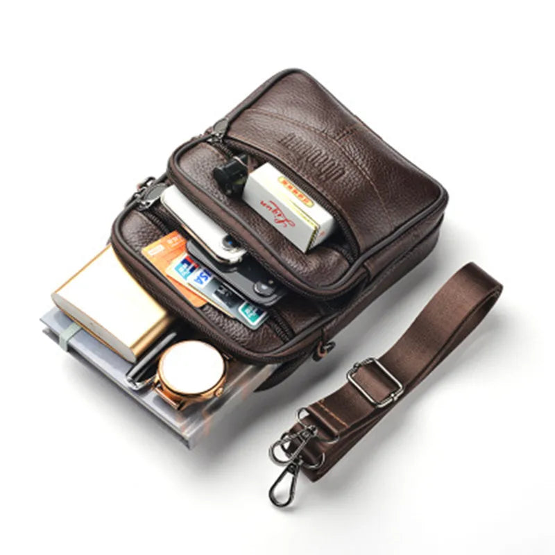 Men's Leather Shoulder Waist Bag Multi-function Mobile Phone Bag Head Layer Cowhide Body Bag Male Chest Bag Shoulder Bag