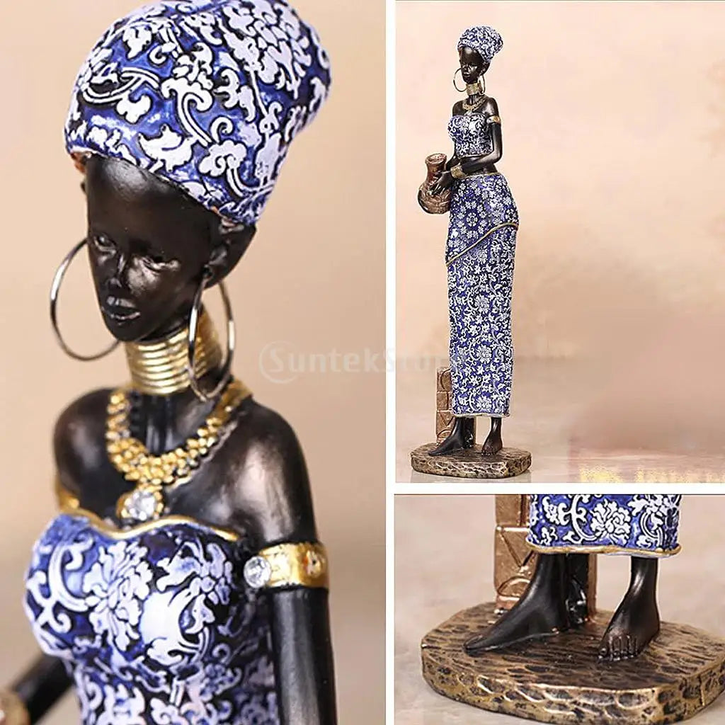 2pcs/Set Resin African Lady Figurines Sculptures Tribal Female Tabletop Statue African Women Handpaint Figurine Home Decoration