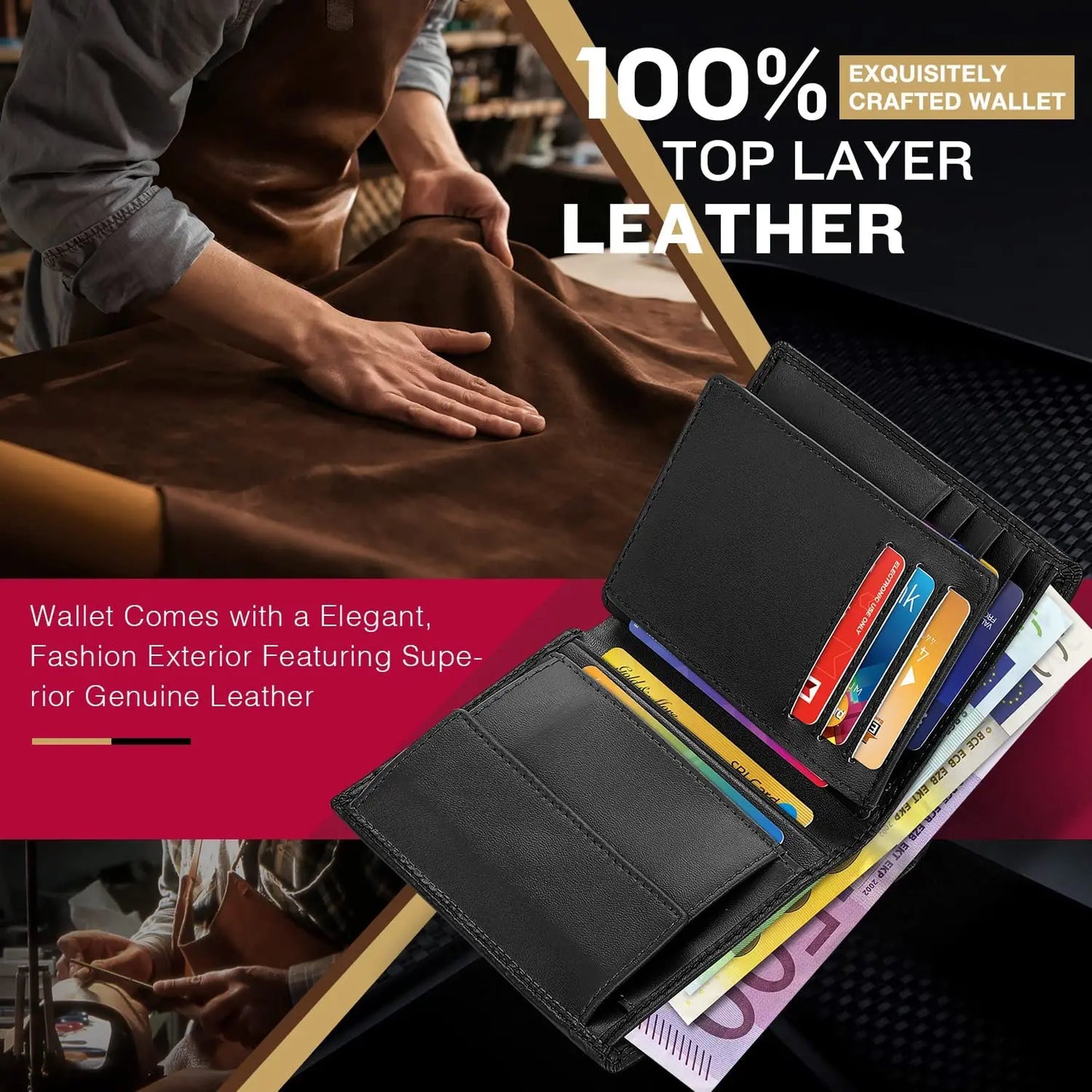 Teehon 2023 Elegant Fashion Wallet Men Genuine Leather Coin Pocket Card Holder Purse RFID