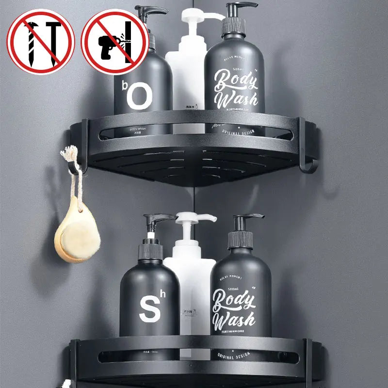 Bathroom Shelves Aluminum Wall Suction Toilet Storage Black Shower Corner Frame Shampoo Holder Soap Storage Shelf Bанная Kомната