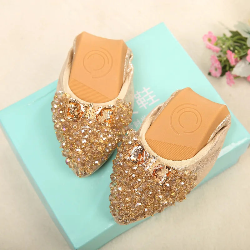 2020 New Flat Shoes Women Ballet Flats Pointed Toe Crystal Low Cut Breathable Soft Bottom Ladies Shoes Plus Size High Quality