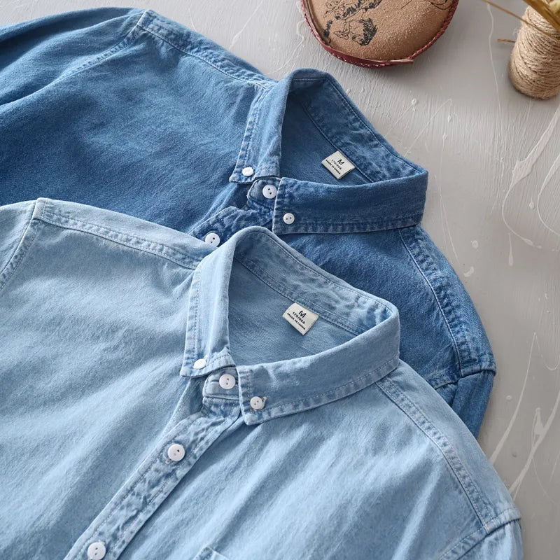 New Classic casual blue Denim shirt spring autumn Comfortable thin solid tops for men clothing long sleeve soft jeans shirts