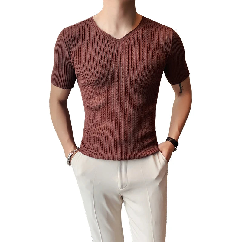 Quality British Style Summer V Neck Knitted T-Shirts Men Clothing 2023 Slim Fit Casual Short Sleeve Tee Shirt Homme Streetwear