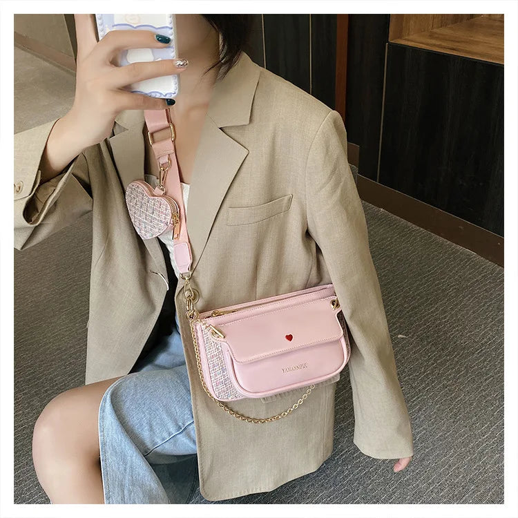 Luxury Heart Bag 2 Pcs/set Women Shoulder Bags Casual Solid Color Women Bag 2020 Chain Wide Strap Crossbody Messenger Bags Purse