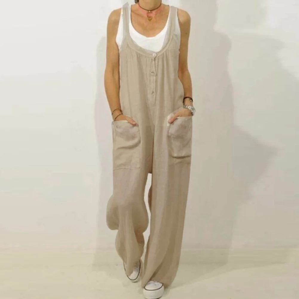 Jumpsuits Women 2022 Solid Color Buttons Pockets Cotton Linen Jumpsuit Bib Overall Dungarees Women's Clothing combinaison femme