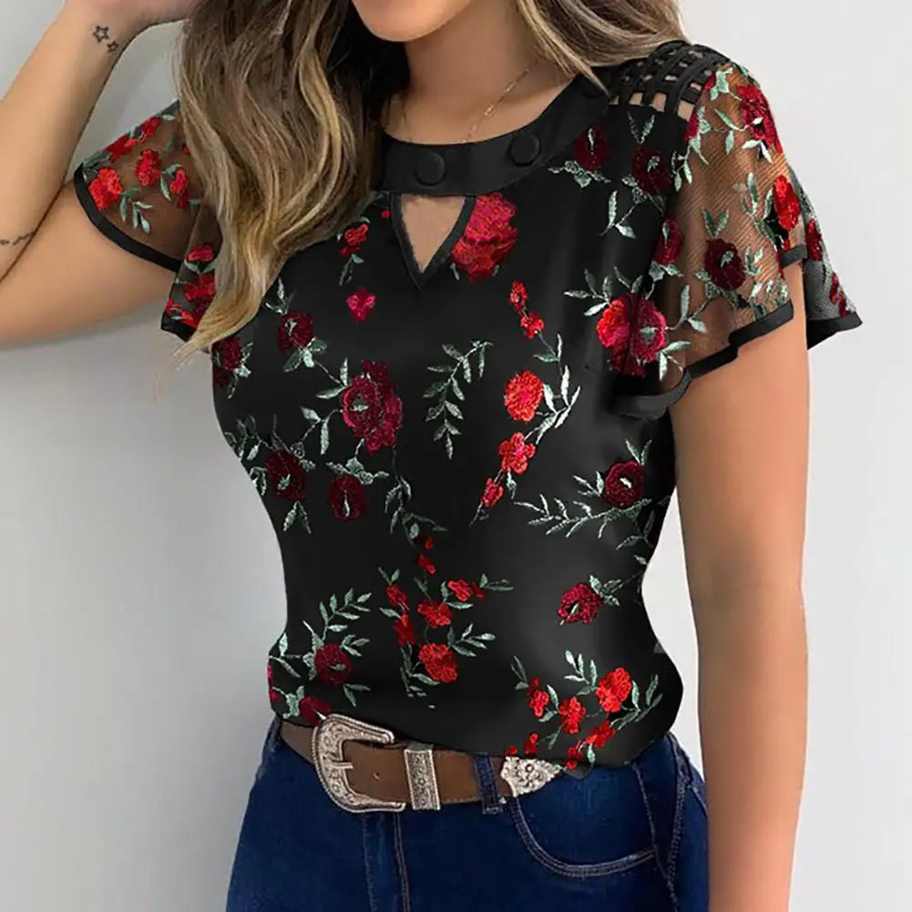 Spring Summer Women T-Shirt Hollow Out Ruffled Sleeve Marguerite Floral Embroidered T-shirt Top Femme T Shirt Women's Clothing