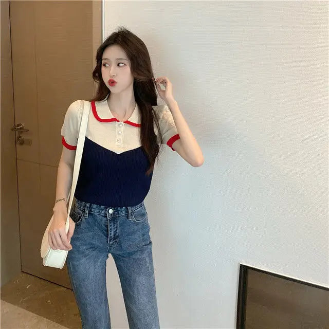 Woman TShirts 2020 Summer Knitted Short Top Lapel Short Sleeve T-shirt Women's Clothing Crop Top Mujer Camisetas