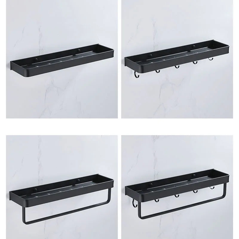 No Drill Black Bathroom Shelf with Towel Bar Wall Shelf Shower Holder Storage Rack  Robe Hooks Bathroom Accessories