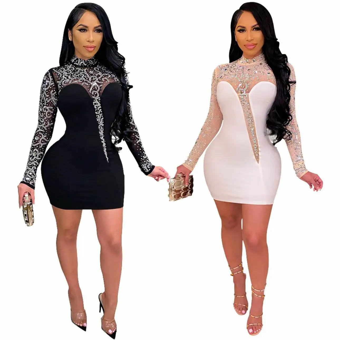 2022 Women's Clothing Diamond O-neck Long Sleeve Sexy For Birthday Dress Vestidos Elegantes Evening Night Club Party Bodycon