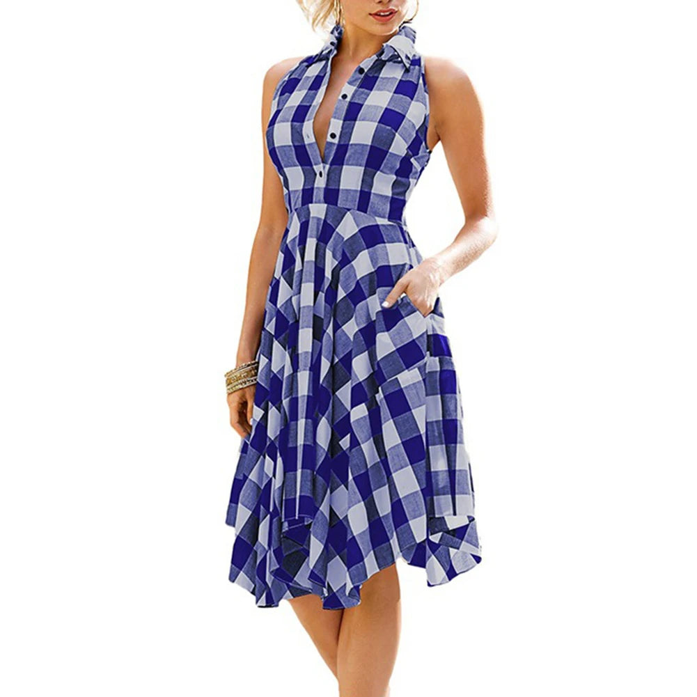 Fashion Dresses Women 2021 Spring Summer Lady Plaid Print Button Down Slim Sleeveless Irregular Midi Dress Women's Clothing