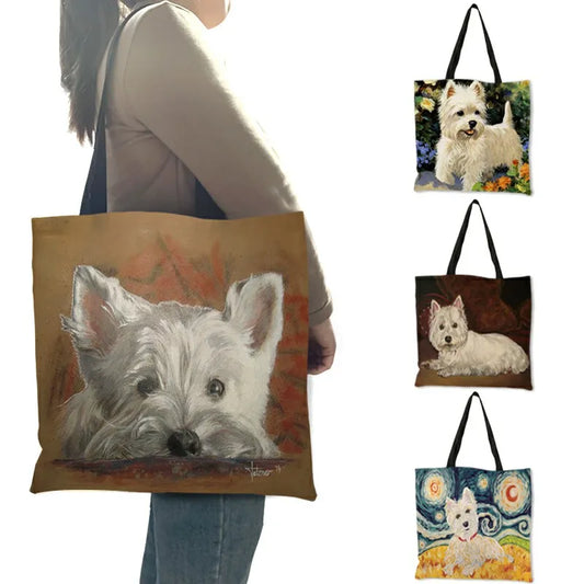 Unique Design Westie Dog Painting Handbag for Women Shopping  Travel Bags Large Capacity  Eco Linen Tote Bag Dropshipping