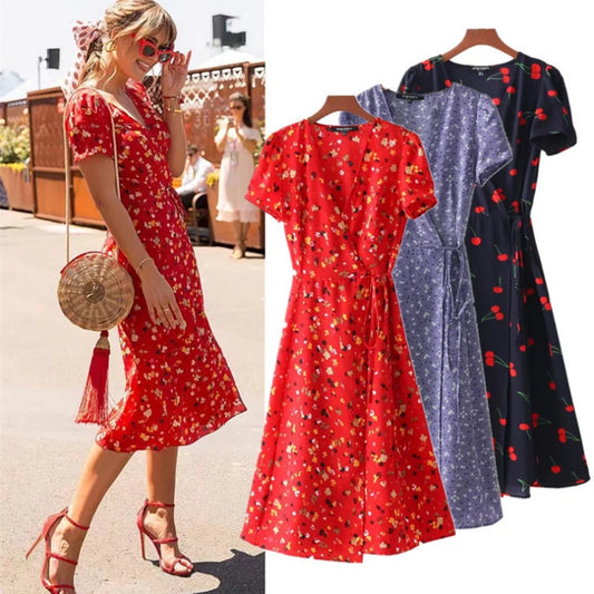 Summer Dress Women Robe Femme Floral Print Wrap V Neck Korean Fashion Slit Y2K Dress For Women's Clothing 2021 Vestido De Mujer