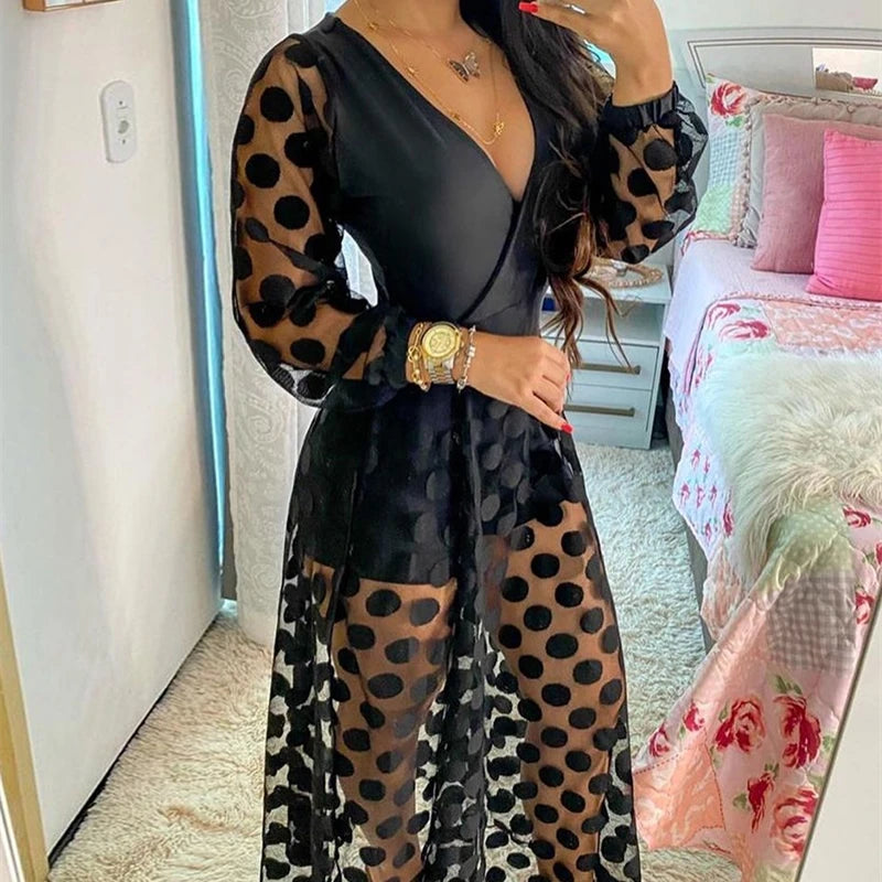 2021 Women's Clothing Spring Polkadot Print Wrap Long Sleeve Maxi Dress See Through Party Wedding Formal Elegant Boho V Neck