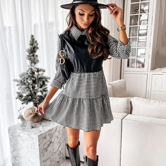 Autum Dress Women's Clothing 2021 Leather Patchwork Long Sleeve Mini Dresses Plaid Ruffles Dress For Woman Vestiods Femme Robes