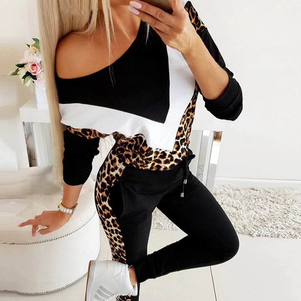 2021 Women Autumn Round Neck Leopard Patchwork Sweatshirt Pant Sportwear Tracksuit Women's clothing спортивный костюм