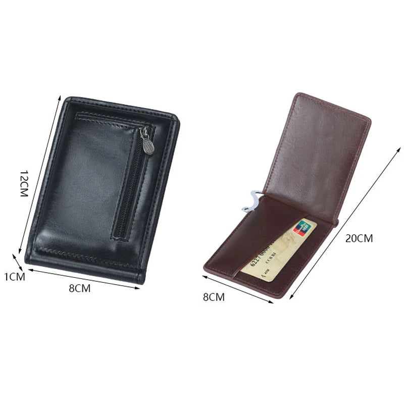 New Mini Men's Leather Money Clip Wallet With Coin Pocket Thin Purse For Man Magnet Hasp Small Zipper Money Bag